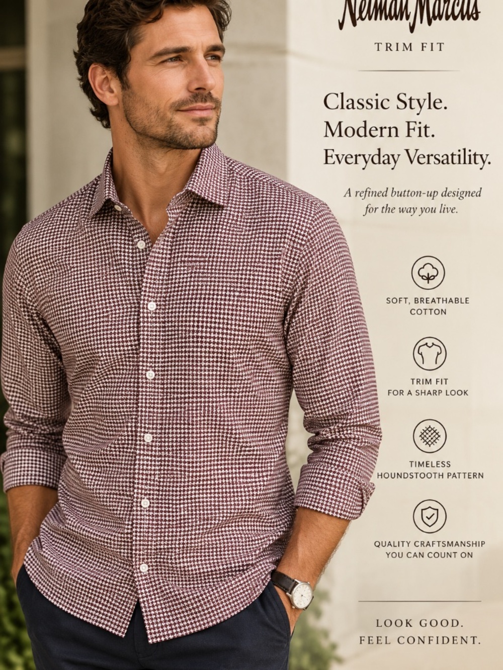 Neiman Marcus Trim Fit Burgundy Houndstooth Button Up Dress Shirt